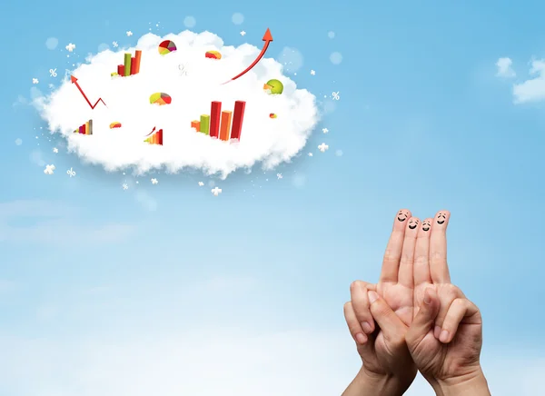 Vrolijke vinger smiley met grafiek wolk pictogrammen in de lucht — Stockfoto
