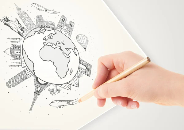 Hand drawing vacation trip around the earth with landmarks and c — Stock Photo, Image