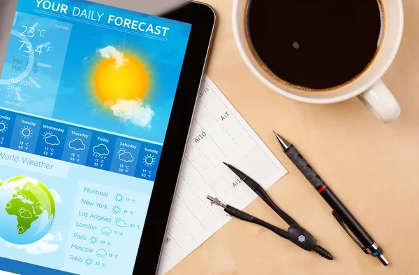 Tablet pc showing weather forecast on screen with a cup of coffe — Stock Photo, Image