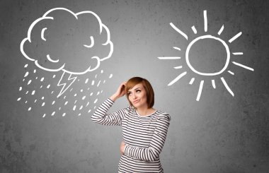 bir güneş ve yağmur çizme arasında duran kadın