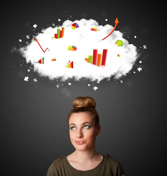 Junge Frau gestikuliert mit Wolke und Charts-Konzept — Stockfoto