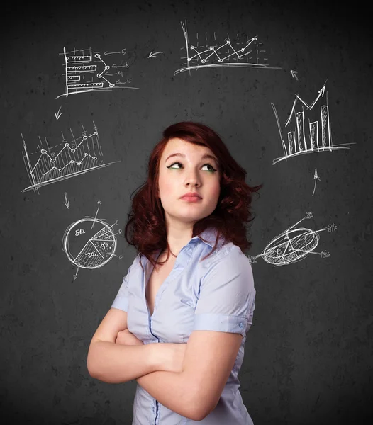 Young woman thinking with charts circulation around her head — Stock Photo, Image