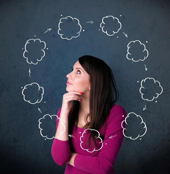 Young woman thinking with cloud circulation around her head — Stock Photo, Image