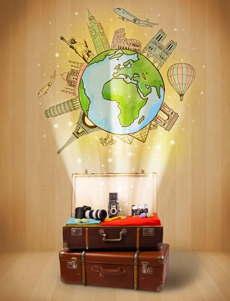 Luggage with travel around the world illustration concept — Stock Photo, Image