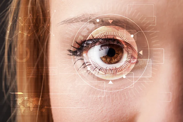 Cyber girl with technolgy eye looking — Stock Photo, Image