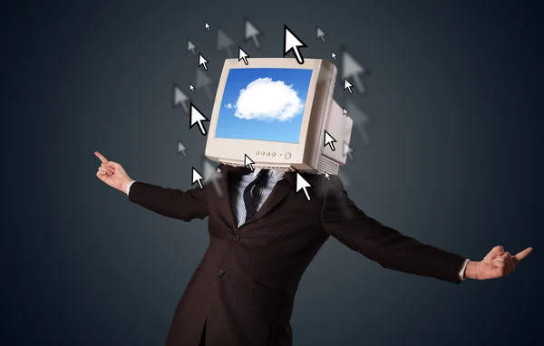 Geschäftsmann mit Monitor auf dem Kopf, Cloud-System und Pointer — Stockfoto