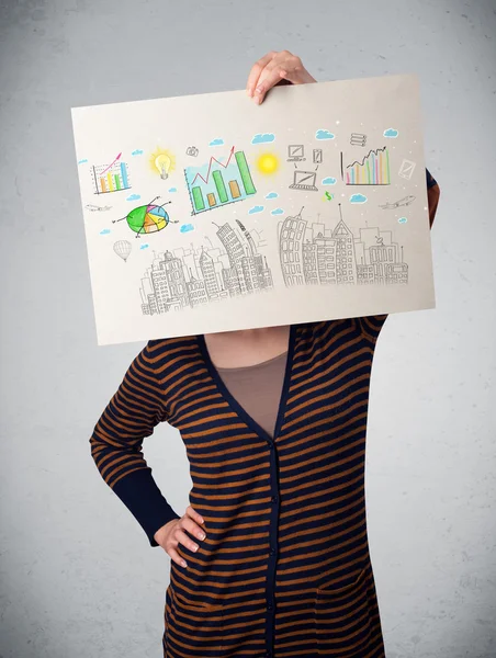 Woman holding a paper with charts and cityscape in front of her — Stock Photo, Image