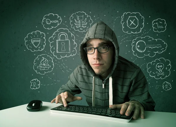 Young nerd hacker with virus and hacking thoughts — Stock Photo, Image