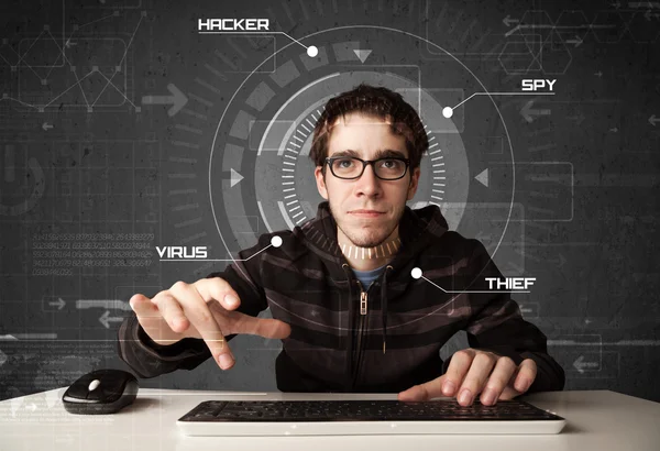 Young hacker in futuristic enviroment hacking personal informati – stockfoto