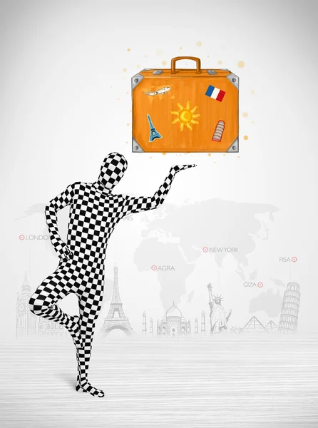 Man in full body suit presenting vacation suitcase — Stock Photo, Image