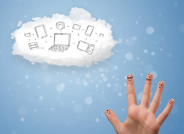 Happy smiley fingers looking at cloud computing with technology — Stock Photo, Image