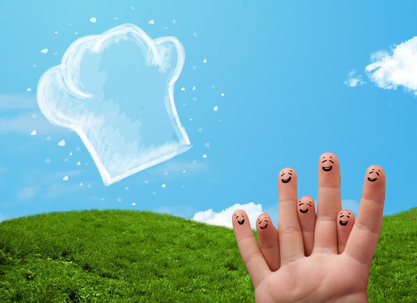 Happy smiley face fingers looking at illustration of cook hat