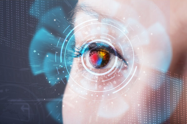 Future woman with cyber technology eye panel concept