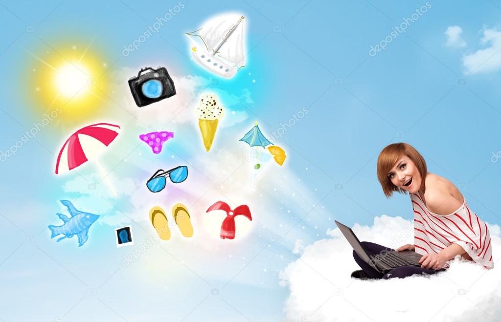 Young businessman sitting in cloud with laptop