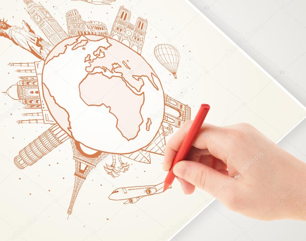 Hand drawing vacation trip around the earth with landmarks and c