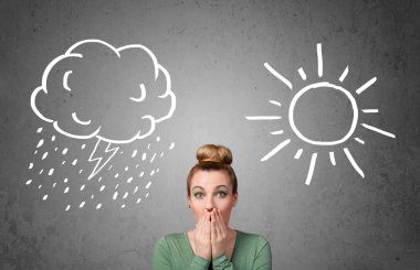 bir güneş ve yağmur çizme arasında duran kadın