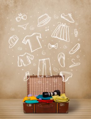 yolcunun Bagaj ile el çizilmiş kıyafetler ve simgeler