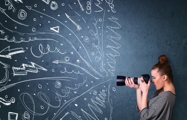 Fotograf fotografovat zároveň energický ručně kreslenou linky — Stock fotografie