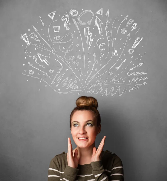 genç kadın başının üstünde kabataslak oklarla düşünme