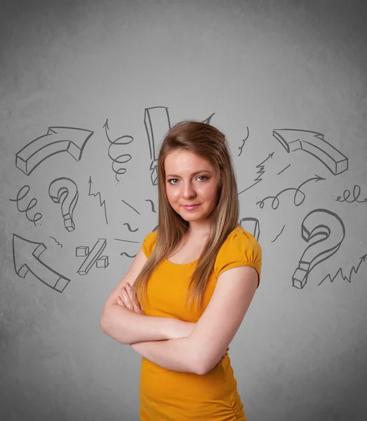 Cute young girl with question sign doodles — Stock Photo, Image