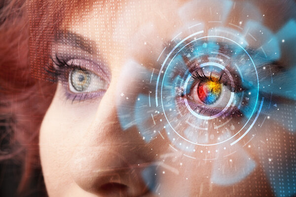 Future woman with cyber technology eye panel concept