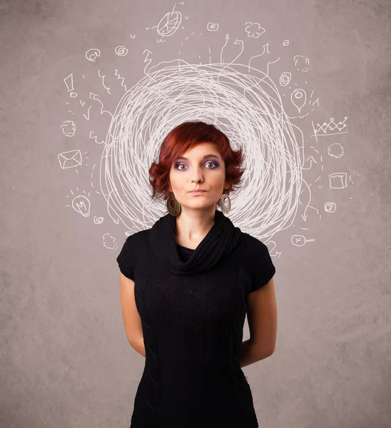 Pretty young girl with abstract circular doodle lines and icons — Stock Photo, Image