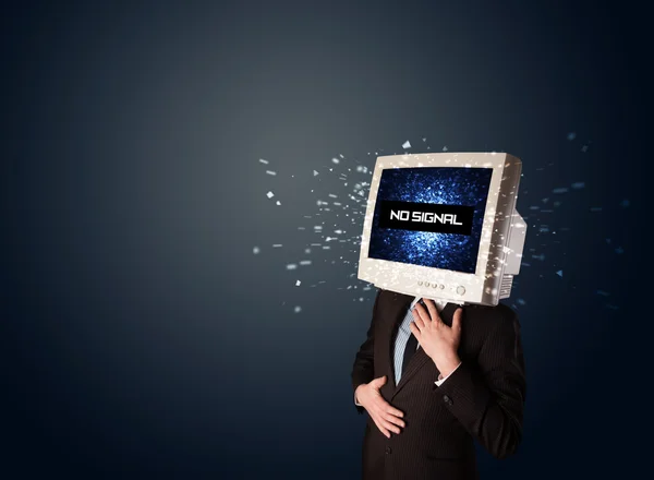Man with a monitor head, no signal sign on the display — Stock Photo, Image