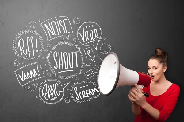 Girl yelling into megaphone and hand drawn speech bubbles come o — Stock Photo, Image