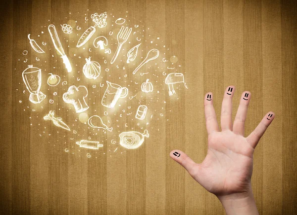 Fröhliche Finger-Smileys mit Essen und handgezeichneten Ikonen aus der Küche — Stockfoto