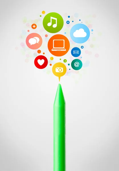 Crayon close-up with social network icons — Stock Photo, Image