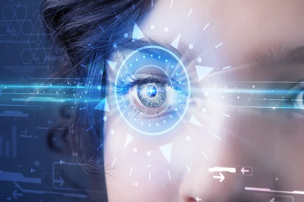 Cyber girl with technolgy eye looking into blue iris — Stock Photo, Image