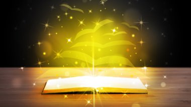 Altından parlak uçan kağıt sayfaları olan açık bir kitap