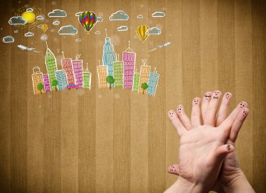 mutlu gülen parmaklar renkli handrawn cityscape arıyorsunuz