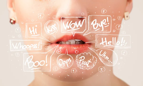 Beautiful red lips with white speech bubbles — Stock Photo, Image