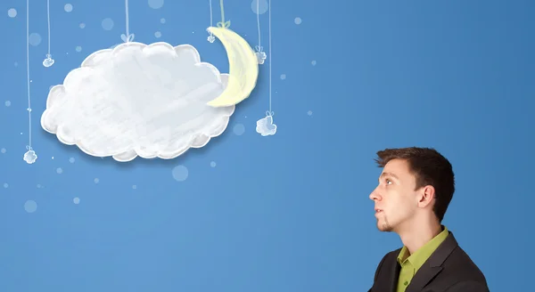 Uomo d'affari guardando le nuvole di notte dei cartoni animati con la luna — Foto Stock