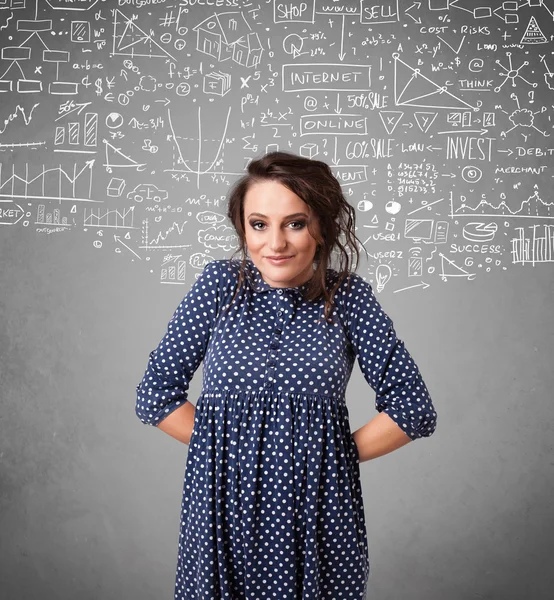 Young pretty lady with hand drawn calculations and icons — Stock Photo, Image