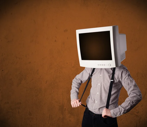 Business man with a monitor on his head and brown empty space — Stock Photo, Image