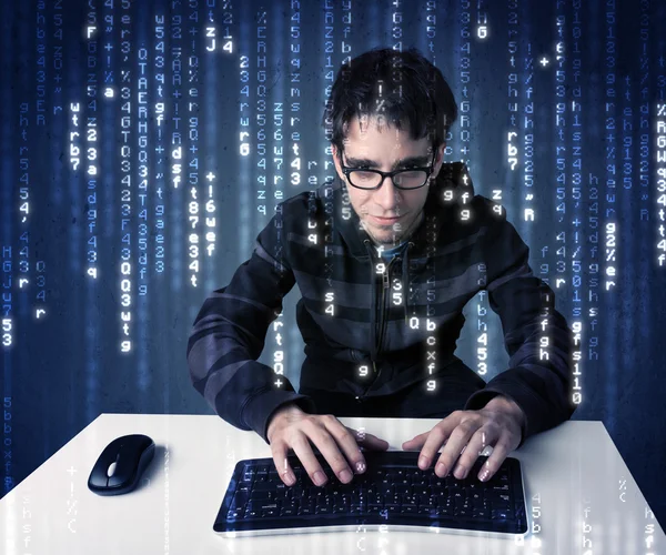 Hacker decoding information from futuristic network technology — Stock Photo, Image