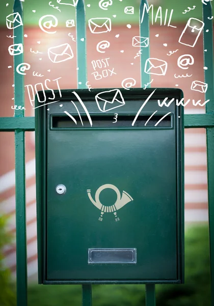 Postbox with white hand drawn mail icons — Stock Photo, Image