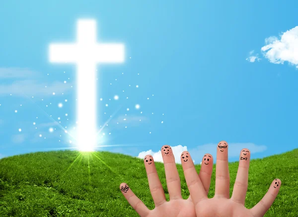 Happy finger smileys with christian religion cross — Stock Photo, Image