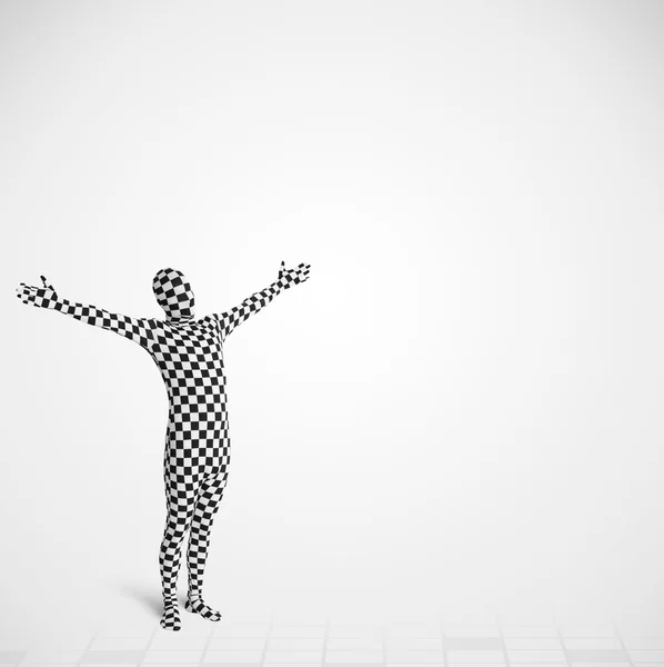Funny guy in morphsuit body suit looking at copy space — Stock Photo, Image
