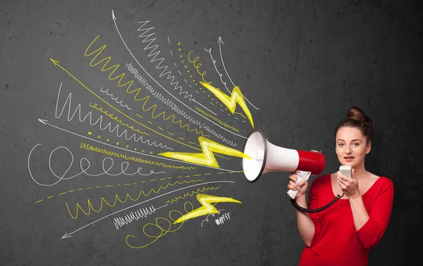 Cute girl shouting into megaphone with hand drawn lines and arro — Stock Photo, Image