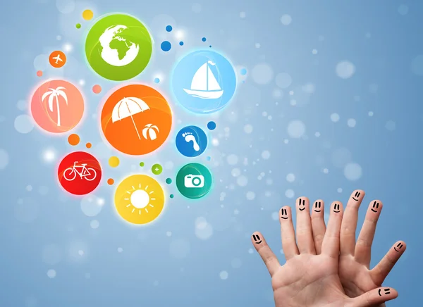 Cheerful finger smileys with colorful holiday travel bubble icon — Stock Photo, Image