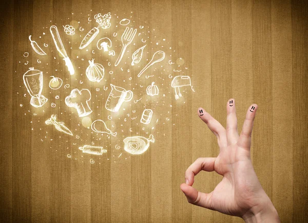 Vrolijke vinger glimlachen met voedsel en keuken hand getrokken pictogrammen — Stockfoto