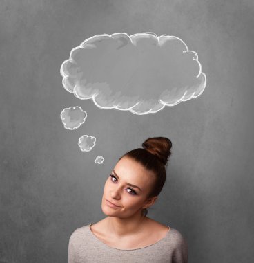 düşünceli kadın başının üstünde bulut ile