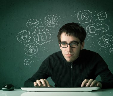 Virüslü ve düşüncelerini hackleyen genç inek bilgisayar korsanı.