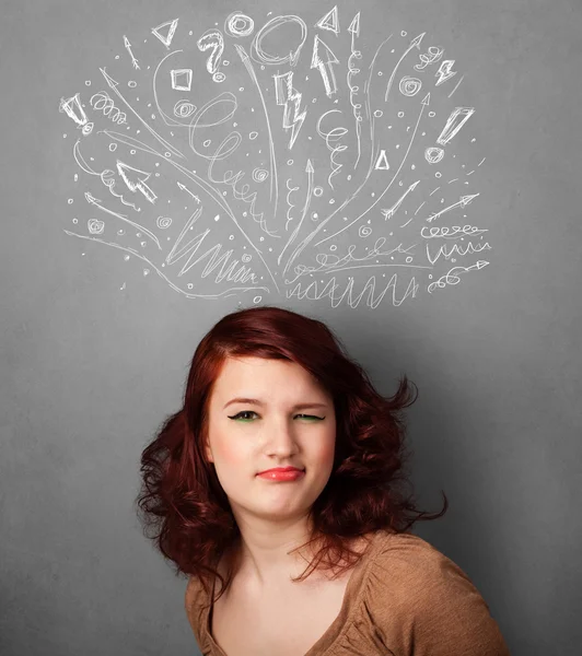 Young woman thinking with sketched arrows above her head — Stock Photo, Image