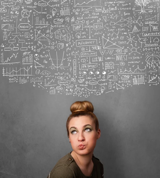 Young woman gesturing with sketched charts above her head — Stock Photo, Image