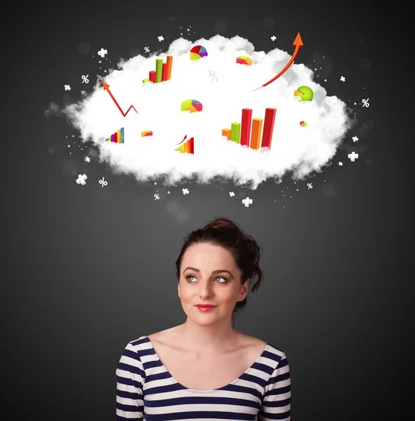 Ung kvinna gestikulerande med moln och diagram koncept — Stockfoto