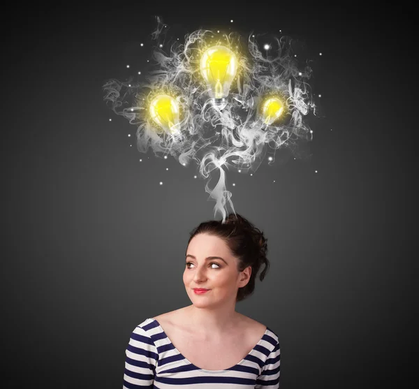 Thoughtful woman with smoke and lightbulbs above her head — Stock Photo, Image